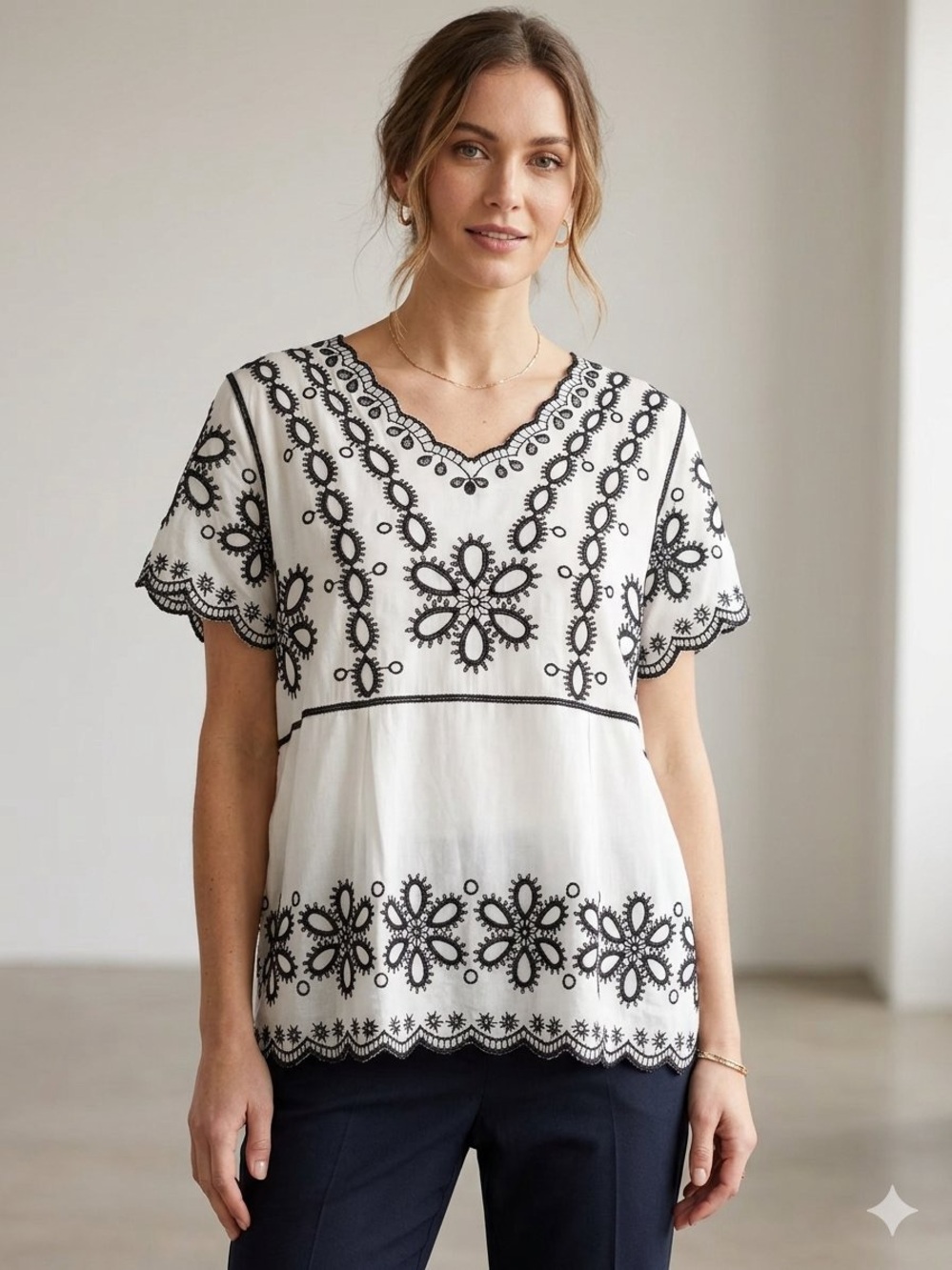 White Eyelet Embroidered V-Neck Tunic with Black Detail Boho